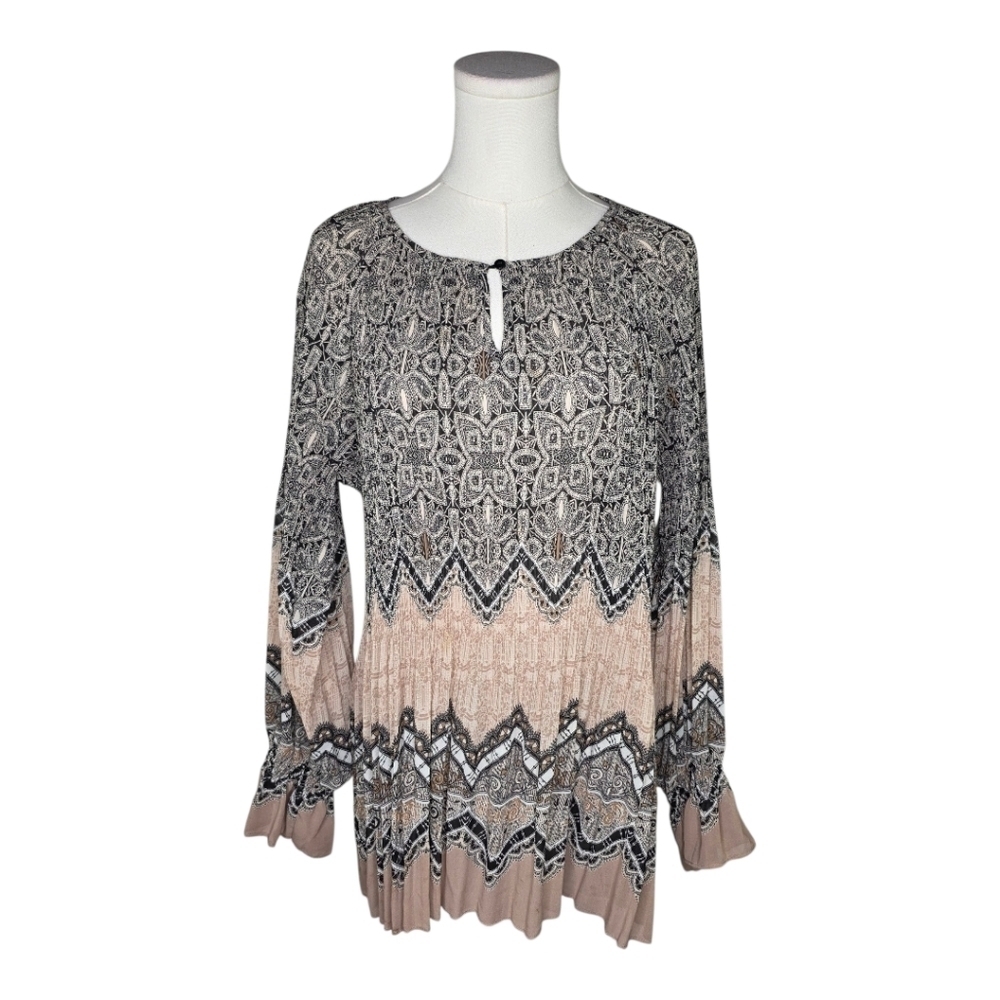 Umgee Boho Pleated Tunic Top S Beige Black Print Long Sleeve Flowy Blouse